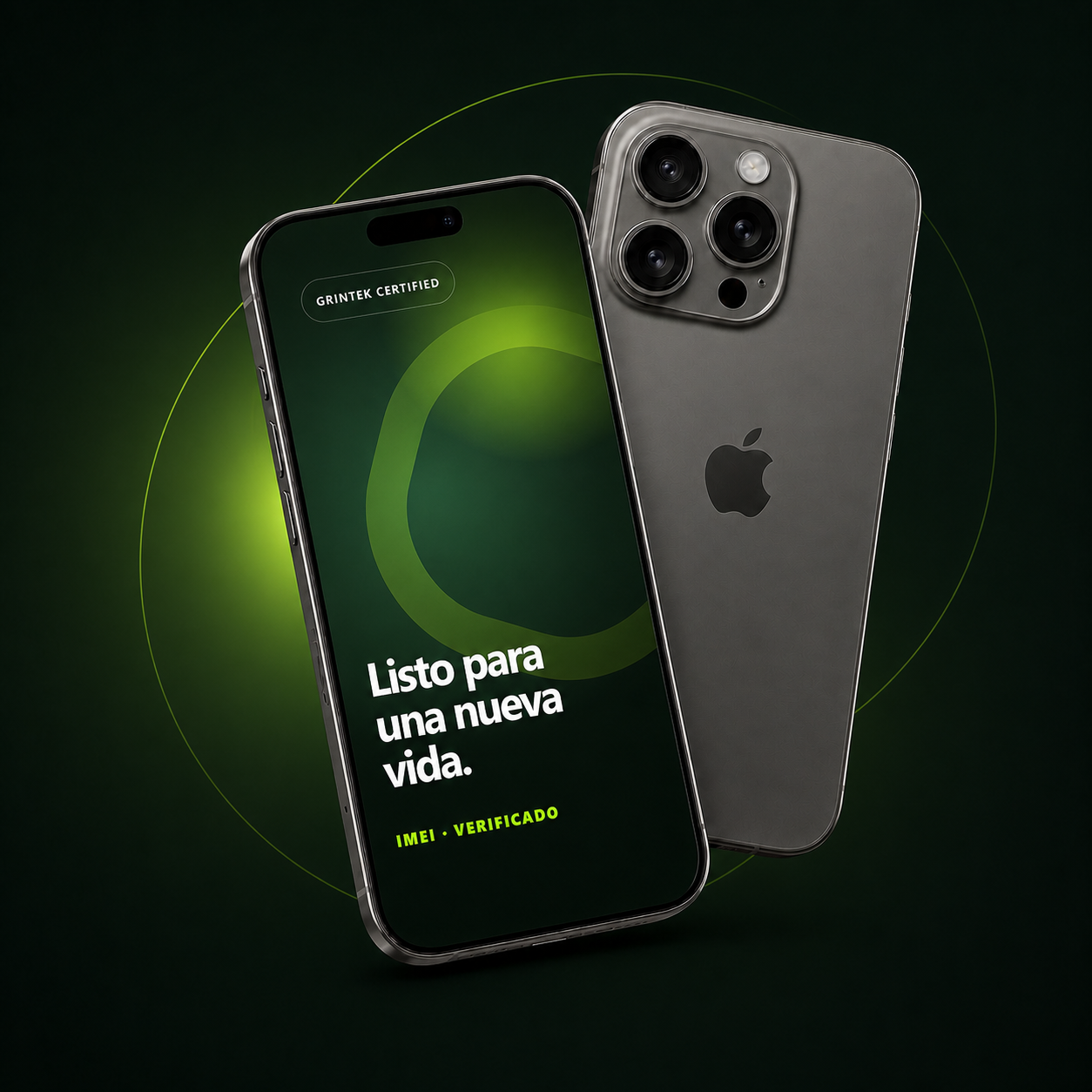 Dos iPhone reacondicionados Grintek Certified, uno de frente y otro de espaldas